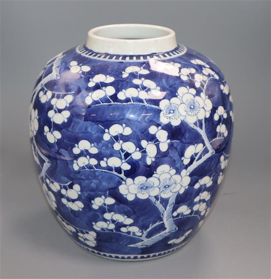 A large 19th century Chinese blue and white prunus jar, Kangxi mark height 26cm, lacking cover